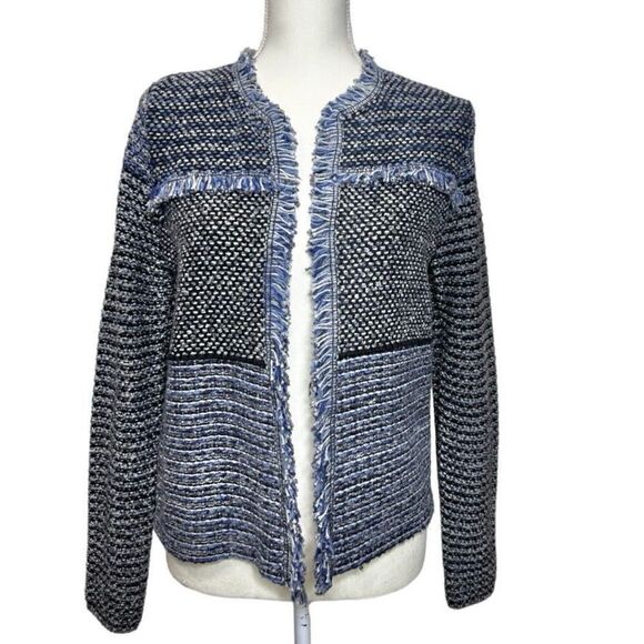 NWT Chicos Women's Franklin Fringe Cardigan Blue Gray Black‎ Size 0 (S/4) - Picture 1 of 8